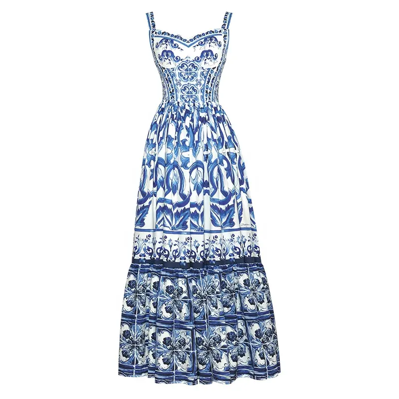 Summer New Print Streetwear High Waist Print Ladies Dress Sleeveless Strap Blue and White Porcelain Dress