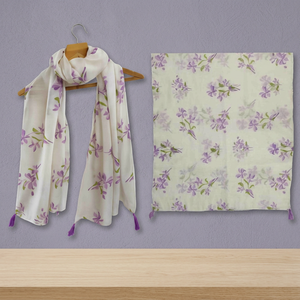 Écharpe en lin polyéthylène à motif floral de style ethnique, châle léger imprimé de fleurs avec pompons pour femme, usage quotidien - Product Image 1