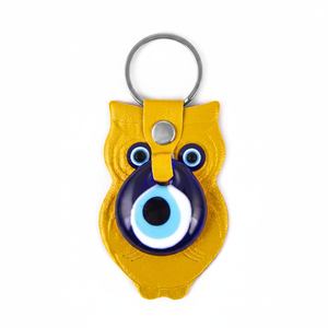 Porte-clés en faux cuir doré en forme de hibou avec mauvais œil fait à la main de Turquie - Product Image 2