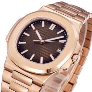 Montre mécanique de luxe en or rose avec bracelet métallique intégré, cadran à rayures horizontales, élégante pour un usage quotidien et professionnel - Product Image 2