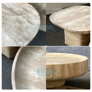 Ensemble de tables basses Wabi-sabi en pierre naturelle 100% - Travertin beige rond et carré avec socle bas pour café, hôtel, appartement - Product Image 2