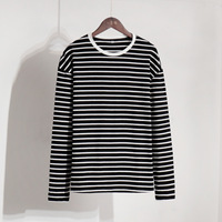 T-shirt pour femme en coton 100% à manches longues, col rond, tricoté, doux, de haute qualité, rayé, décontracté, à épaules tombantes