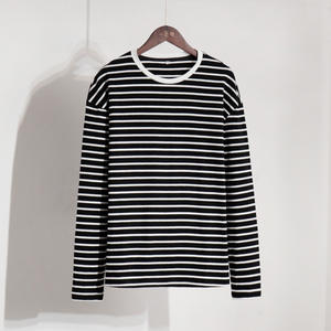 Camiseta de Primavera para Mujer, de Alta Calidad, Suave, Cuello Redondo, 100% Algodón, Manga Larga, a Rayas, Holgada, Informal, con Hombros Caídos - Product Image 6