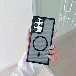 Cassa del telefono di ricarica senza fili magnetica in fibra di carbonio <span class=keywords><strong>per</strong></span> <span class=keywords><strong>Samsung</strong></span> S25 S24 S23 <span class=keywords><strong>S22</strong></span> Ultra <span class=keywords><strong>Plus</strong></span> da uomo custodia traslucida - Product Image 1