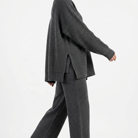 Ensemble 2 pièces côtelé épais uni pour femme, pull oversize à col rond avec fente latérale et pantalon droit 500 GSM OEM S-5XL Toutes tailles