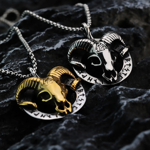 Collar con Colgante de Acero Inoxidable Estilo Vikingo Retro Nórdico para Hombre, con Cadena de Bambú, Diseño Personalizado de Cabeza de Oveja con <span class=keywords><strong>Runa</strong></span> - Product Image 2