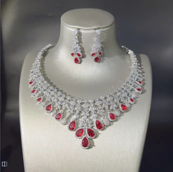 2023 Fine Jewelry Luxury Red AAA Water Drop Zircon Jewelry Bridal Wedding Jewelry Sets Charm Necklace Set