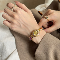 Jam Tangan Wanita Mewah Abad Pertengahan, Jam Tangan Quartz Wanita Dial Oval Vintage, Jam Tangan Gelang Batu Oval Gaya Nasional (WA443)