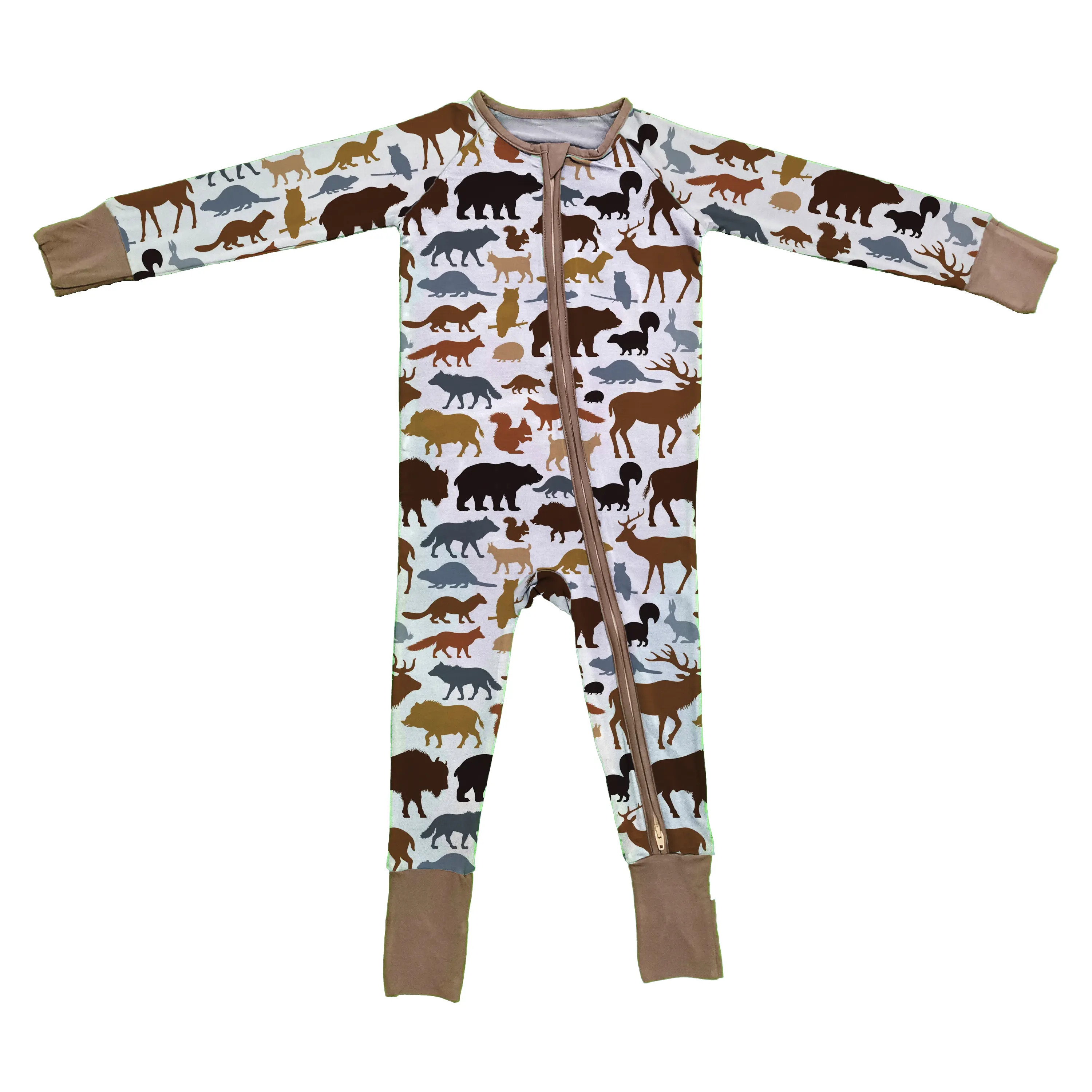 Bambu bebek tulum Zip hayvan dünya baskılı 95 viskon 5 Spandex kumaş çocuk tulumları çift fermuar bebek pijama