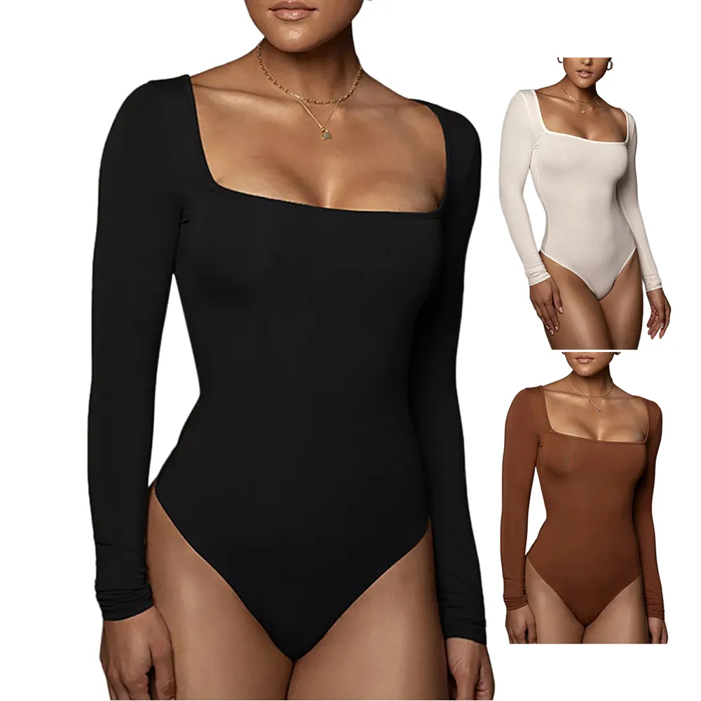 Oem ODM bodysuit Lady Vuông Cổ giảm béo phù hợp với cơ thể cho phụ nữ dài tay áo