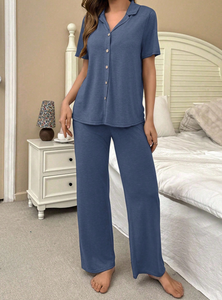 Custom Viscose Bamboo Blue <b>Pajamas</b> <b>Women</b> Set OEM ODM Manufacturer Vietnam Soft Breathable Cooling Sleepwear Wholesale - Product Image 3