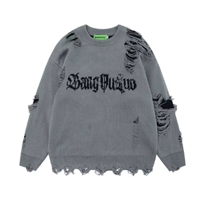 <span class=keywords><strong>Pull</strong></span>-over ras du cou pour homme en maille déchirée style hip-hop, avec logo personnalisé en lettres, 100 % acrylique, pour marques de mode urbaine - Product Image 1