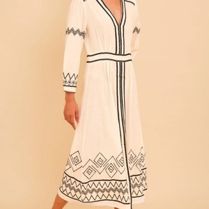 ชุดเดรสผ้าฝ้ายลินินทรงเอ สไตล์ลำลอง คอวี แขนยาว ความยาวปานกลาง สำหรับผู้หญิง  ปรับแต่งได้ตามต้องการ - Product Image 4