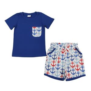 BSSO1874 Ensemble de vêtements pour bébé garçon, imprimé ancre bleue, tenue d'été, vente en gros - Product Image 1