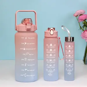 Botol air motivasi gradien warna dengan sedotan, 3 buah, 64oz 32oz 16oz penanda waktu besar botol minum Gym stoples air
