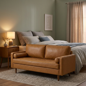Canapé personnalisable de style tendance pour salon, hôtel, appartement, canapé confortable en cuir beige 3 places, canapé Tuxedo avec accoudoirs carrés - Product Image 3