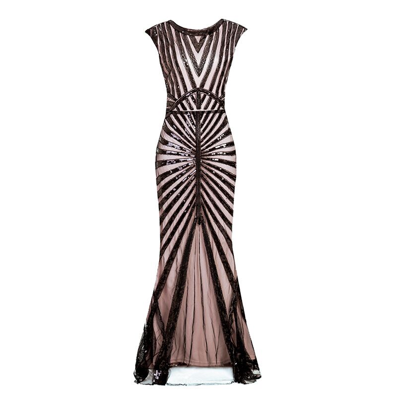 slim fit dress slacks Roaring 20s formal evening dress in light brown with lace detail main image 1