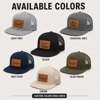 Op maat gemaakte leren patch trucker pet 6 panelen platte klep snapback cap gepersonaliseerde naam grijs zwart verstelbaar groothandel OEM lage minimale bestelhoeveelheid