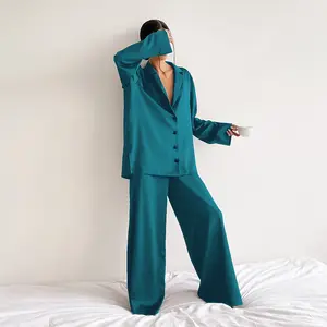 Pijamas vendedores de cetim manga longa, conjuntos de pijama de luxo em seda para mulheres