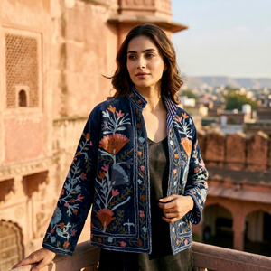 Custom Indian Floral Hand Embroidered Velvet Jacket Women Winter Warm Open Front <b>Short</b> Coat Reversible Striped Lining Outerwear - Product Image 1