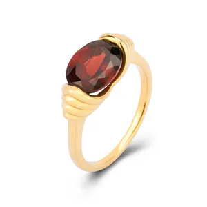 925 Sterling Silver 18K Gold Plated Gemstone Jewelry Clamp Setting Twisted Rope Stripe Oval Shape Mozambique Garnet Ring