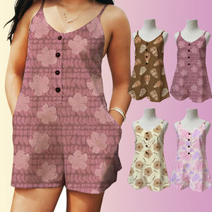 Neuestes Design Blumendruck Hawaiianischer Damen-Romper Verstellbare Träger Knopfleiste V-Ausschnitt Maßgeschneiderter Damen-<span class=keywords><strong>Jumpsuit</strong></span> - Product Image 1