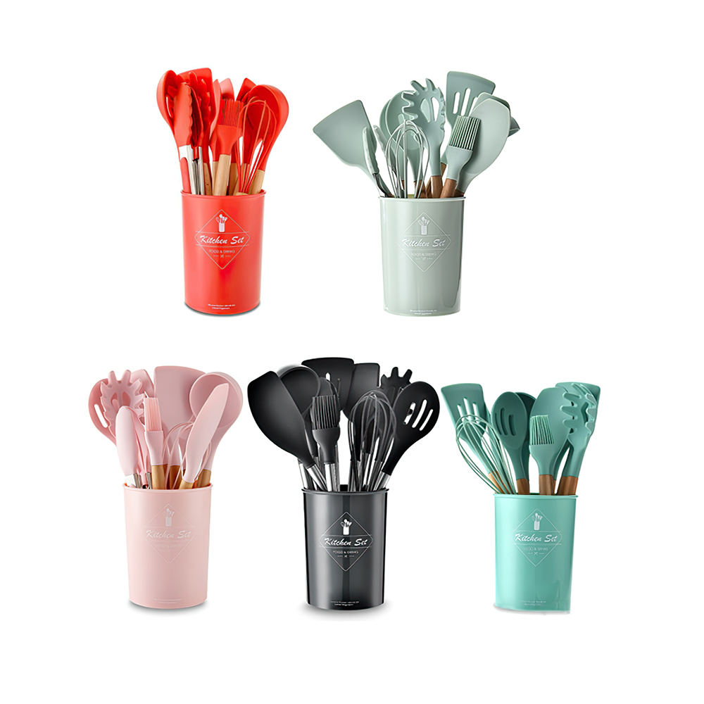 Silicone Cooking Tools Utensil Kitchenware Set With Wooden Handle Food Grade Silicone Kitchen Gadgets