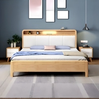 Cama Doble Nórdica con Marco de Roble Macizo y Luz USB, Estructura Resistente Desmontable para Dormitorio de Apartamento Moderno