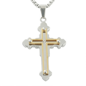 Men's Stainless Steel <b>Cross</b> Pendant Necklace With Gold Inlay And Crystal Center Geometric Design For Punk Retro Style - Product Image 1