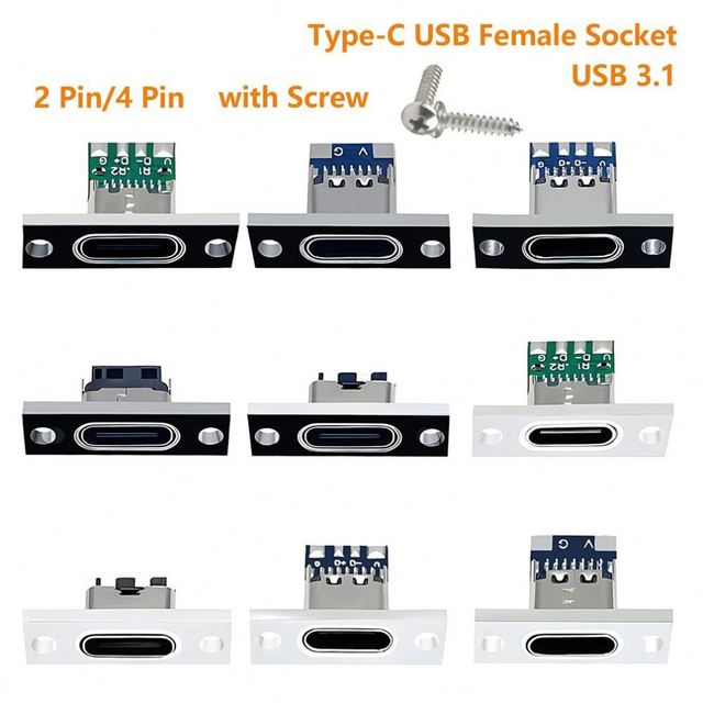 1/5/10pcs Type-C USB 3.1 Type-C 2Pin 4Pin Female Connector Jack Charging Port USB 3.1 Jack Type C Socket With Screw Fixing Plate