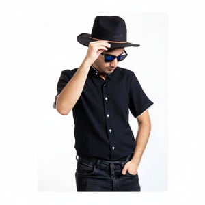 เสื้อเชิ้ตผ้าลินินสีดำทรงเข้ารูป คอจีน แขนสั้น สำหรับฤดูร้อน - Product Image 2