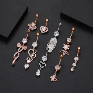 Sexy Belly Bars Belly Button Rings Belly Piercing CZ Crystal Zircon Flower Body Jewelry Dangle Navel Piercing Rings