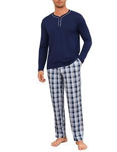 <b>Mens</b> <b>Flannel</b> <b>Pajama</b> Set Long Sleeve Henley Plaid Pants Winter Sleepwear Lounge Homewear - Product Image 1