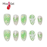 Lot de 32 faux ongles réutilisables en gel souple, motif marguerite verte scintillante, fleurs 3D et papillons, finition brillante, pour nail art, Ongles faits main