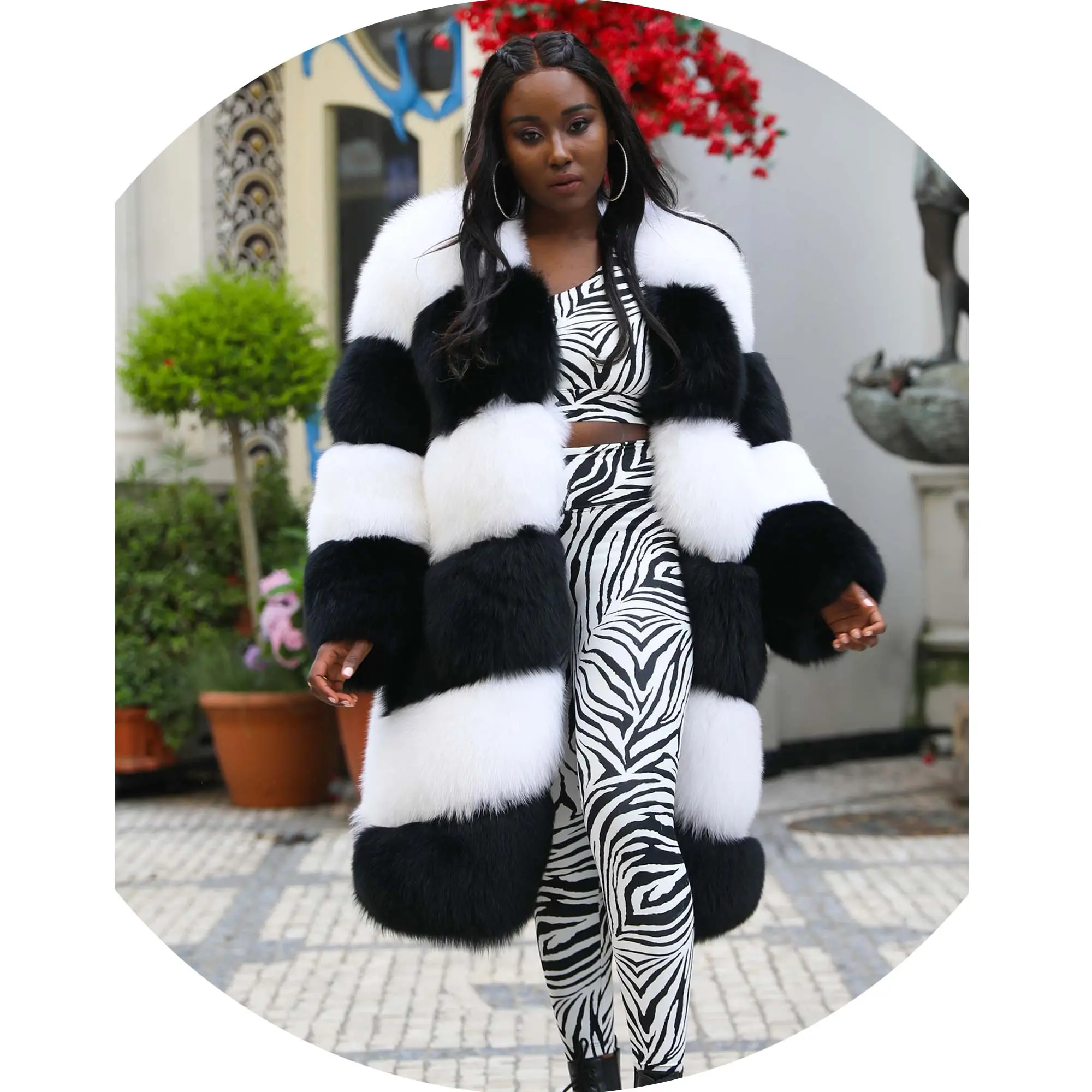 Senhoras preto e branco misturado cor longo Custom Made Fox Fur Coat
