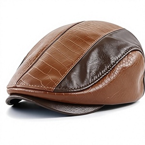 Casquette plate en cuir PU marron de qualité supérieure avec motif crocodile gaufré, surpiqûres contrastées, style vintage pour homme, tenue décontractée - Product Image 1