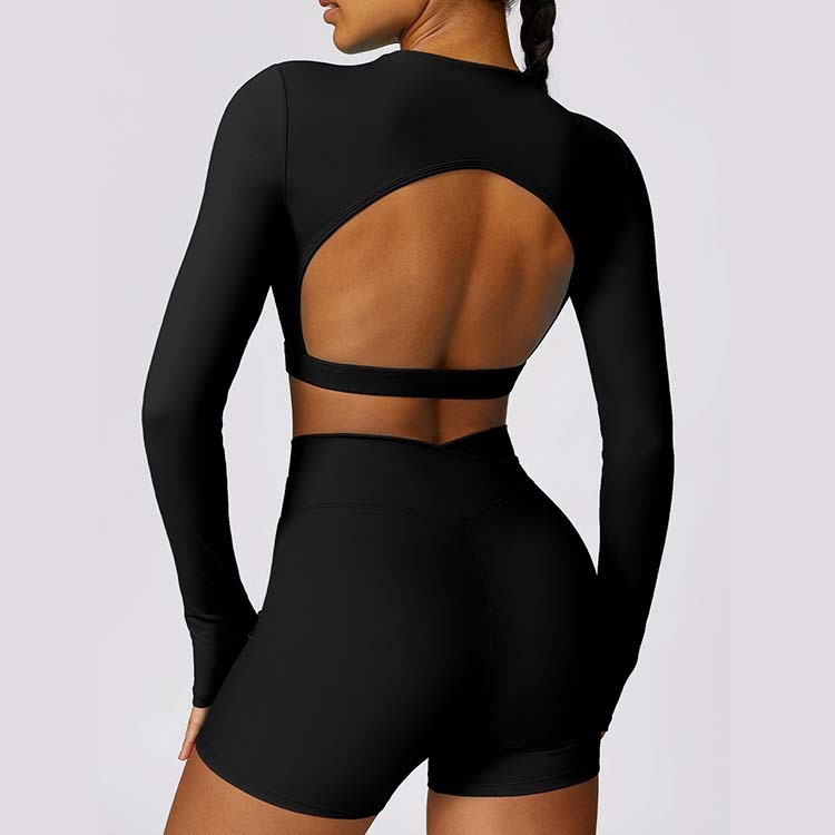 Wholesale Fashion Women Long Sleeve Sports Top Custom logo Solid Color Backless Workout Fitness Yoga Tops for Women