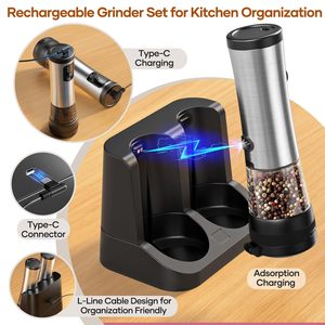 Pil ekran şarj edilebilir tabanı ile 2 paket paslanmaz çelik elektrikli tuz ve karabiber değirmeni seti otomatik biber değirmenleri - Product Image 5