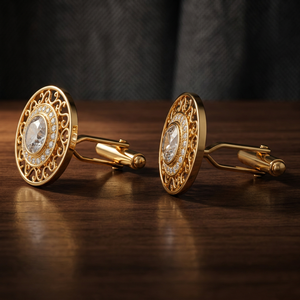 Boutons de manchette en laiton plaqué or, émaillés bleus et sertis de pierres Polki sculptées, faits à la main, pour mariage, anniversaire, soirée formelle - Product Image 6