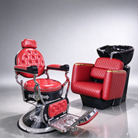 Ensemble de fauteuil de barbier et de fauteuil de lavage vintage rouge capitonné, fauteuil de barbier de luxe inclinable hydraulique avec bol en céramique noir pour lavage de cheveux