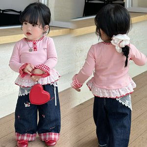Girls' Pink Long Sleeve Tops With Ruffle Hem Breathable Spring Autumn Base Layer Clothes For Baby Girls - Product Image 1