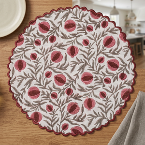 Elegant High Quality <b>Round</b> Fabric <b>Placemat</b> With Pomegranate Pattern Scalloped Edge Washable Table Mat Traditional Design - Product Image 2