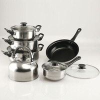 Batterie de cuisine 12 pièces en acier inoxydable avec poignées noires, comprenant bouilloire sifflante, faitout, casserole, poêle antiadhésive et couvercles en verre, vente en gros OEM