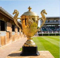 Trophée en alliage de zinc plaqué or de haute qualité en forme de cheval, idéal pour les récompenses en équitation et les courses hippiques