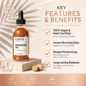 Huile scintillante pour le corps vegan, marque privée HKH, hydratante, bronzante, effet longue durée, certifiée HALAL, OEM ODM - Product Image 2