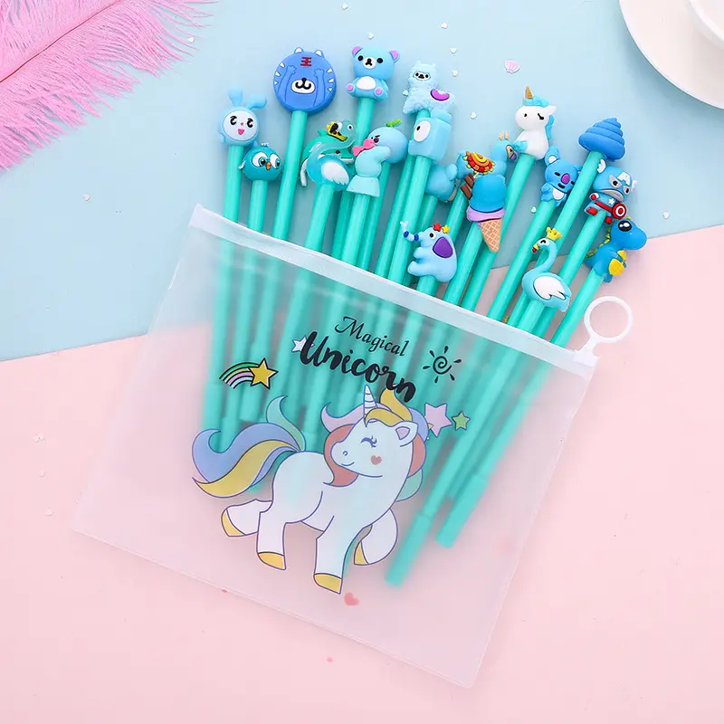 Nieuwe Ster Schattige Plastic Kawaii Cartoon Gel Pen Set 10/20 Stuk Met Opbergtas Briefpapier Zacht Rubber Zwart Neutrale Pen