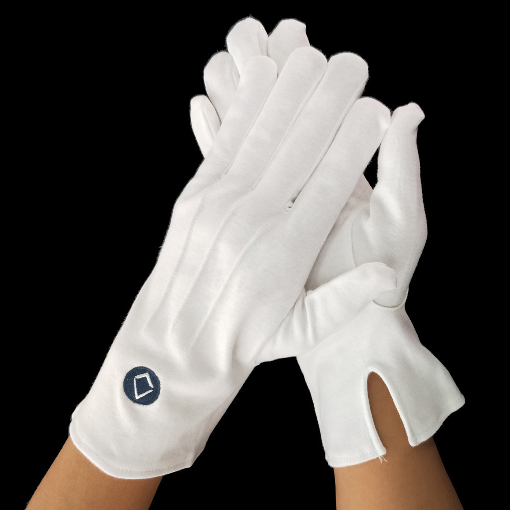 Мягкие и дышащие экологически чистые синие маленькие круглые маркировочные белые хлопковые вышитые перчатки для церемонии масонские перчатки