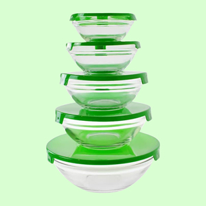 Cadeaux pour la fête des mères, ensemble de 5 saladiers en verre avec couvercles hermétiques, empilables, multi-tailles, design classique, verre + PP - Product Image 2