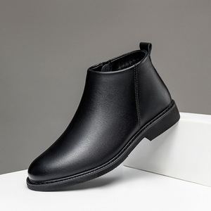 Bottes Martin pour homme, hiver, hauteur cheville, cuir véritable, bout rond, à enfiler, doublure isolante en peluche, semelle extérieure en caoutchouc, style uni - Product Image 1