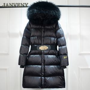 JANVENY 2023 Luxury Natural Fur Winter Down <strong>Jacket</strong> Women Thickened Warm Waterproof <strong>Belted</strong> <strong>Puffer</strong> Coat Female Hooded Long Parka - Product Image 3